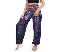 Banjamath Women's Smocked Waist Harem Hippie Boho Yoga Palazzo Casual Pants - blue - XL