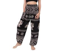 Banjamath® Women's Smocked Waist Harem Hippie Boho Yoga Palazzo Casual Pants, Elepant Black Solid, XXL