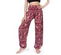 Banjamath Women's Smocked Waist Harem Hippie Boho Yoga Palazzo Casual Pants, Elephant Red, Large