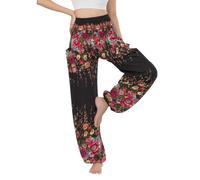Banjamath® Women's Smocked Waist Harem Hippie Boho Yoga Palazzo Casual Pants, Floral Black 2, XXL