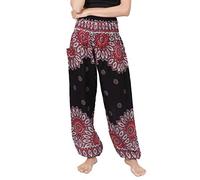 Banjamath® Women's Smocked Waist Harem Hippie Boho Yoga Palazzo Casual Pants, Floral Black, M