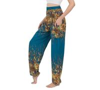BANJAMATH® Women's Smocked Waist Harem Hippie Boho Yoga Palazzo Casual Pants, Floral Blue 2, S