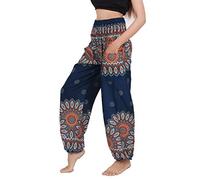 Banjamath® Women's Smocked Waist Harem Hippie Boho Yoga Palazzo Casual Pants, Floral Blue, XL