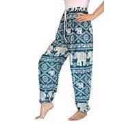 Banjamath® Women's Smocked Waist Harem Hippie Boho Yoga Palazzo Casual Pants, Green Turquoise With Drawstring Waist, XL