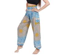 Banjamath® Women's Smocked Waist Harem Hippie Boho Yoga Palazzo Casual Pants, Mandala White, Large