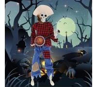 Banjo Halloween Skeletons,Animatronic Halloween Decorations,Animated Skull with Light Eyes,Country Cowboy Skull Playing Musical Statue for Haunted House Party home Indoor Decor (1, red)