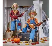 Banjo Halloween Skeletons,Animatronic Halloween Decorations,Animated Skull with Light Eyes,Country Cowboy Skull Playing Musical Statue for Haunted House Party home Indoor Decor (2, no light)