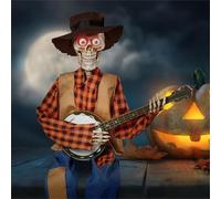 Banjo Halloween Skeletons,Animatronic Halloween Decorations,Animated Skull with Light Eyes,Country Cowboy Skull Playing Musical Statue for Haunted House Party home Indoor Decor (1, yellow light)