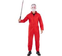 Smiffys Bank Robber Jumpsuit Red Zipped All in One with Hood, Adult Cops and Robbers Fancy Dress Costume for Halloween Parties Themed Events and TV Inspired Outfits Small