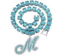 BANKAIJEWE Iced Out Blue Cursive Initial Crystal Letter Necklace For Women Square Cuban Chain Rapper Necklace Jewelry, M, Metal, No Gemstone