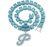BANKAIJEWE Iced Out Blue Cursive Initial Crystal Letter Necklace For Women Square Cuban Chain Rapper Necklace Jewelry