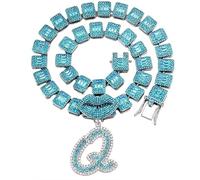 BANKAIJEWE Iced Out Blue Cursive Initial Crystal Letter Necklace For Women Square Cuban Chain Rapper Necklace Jewelry, Q, Metal, No Gemstone