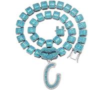 BANKAIJEWE Iced Out Blue Cursive Initial Crystal Letter Necklace For Women Square Cuban Chain Rapper Necklace Jewelry, C, Metal, No Gemstone