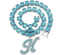 BANKAIJEWE Iced Out Blue Cursive Initial Crystal Letter Necklace For Women Square Cuban Chain Rapper Necklace Jewelry, K, Metal, No Gemstone