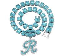BANKAIJEWE Iced Out Blue Cursive Initial Crystal Letter Necklace For Women Square Cuban Chain Rapper Necklace Jewelry, R, Metal, No Gemstone
