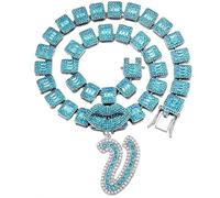 BANKAIJEWE Iced Out Blue Cursive Initial Crystal Letter Necklace For Women Square Cuban Chain Rapper Necklace Jewelry, V, Metal, No Gemstone