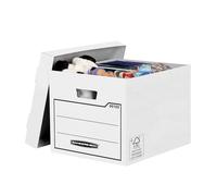 10 BANKERS BOX Storage Boxes Durable Storage Boxes with Lids - Heavy Duty Cardboard Boxes with Handles for Storage & Relocating - W32 x H26 x D39cm (Pack of 10) - White
