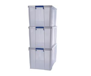 Bankers Box 3x 36L Plastic Storage Boxes with Lids. ProStore Super Strong Stackable Plastic Storage Boxes (31.5 x 47.5 x 38cm), Made in the UK, Clear