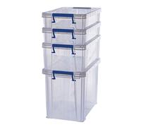 BANKERS BOX Plastic Storage Boxes with Lids, Pack of 4, 2x 5.5 Litre + 1x 18.5 Litre + 1x 10 Litre. ProStore Strong Stackable Plastic Storage Boxes, Made in the UK, Clear