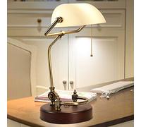 Bankers Desk Lamp Tempered Glass Lampshade Brass Finish with Pull Chain Switch Plug Thick Solid Wood Base Adjustable Retro Traditional Table Lamp for Bedrooms Office Reading Living Room (White)