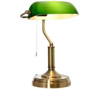 Banker's Table Lamp Desk Lamp w/Antique Bronze Base, Glass Shade and Pull Rope