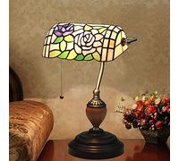 Bankers Table Lamp Green Stained Glass Shade Bedside Lamp Desk Lamp Reading Light for Living Room Bedroom,Antique Alloy Base,Rose