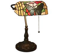 Bankers Table Lamp Green Stained Glass Shade Bedside Lamp Desk Lamp Reading Light for Living Room Bedroom,Antique Alloy Base,Butterfly Flower