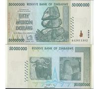 Banknote zimbabwe Pick-number: 79 uncirculated 2008 50 million. Dollars (money for collectors - no means of payment) Other mammals (monkeys/dinosaurs/elephants ...)