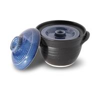 Banko-ware Donabe Japanese Earthenware Rice Pot with Double-Lid Technology - Elegant Jet-Black & Blue Design - Ensures Fluffy Rice Every Time - Includes English Manual - Made in Japan (1-2 per)