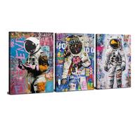 Banksy Astronaut Canvas Wall Art Colourful Graffiti Space Wall Pictures for Living Room Space Poster Street Pop Art Prints Modern Colourful Urban Wall Decor Office Bedroom Home Decoration 30x40cm 3Pcs