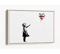 Banksy Balloon Union Jack Girl Red Canvas Floater Frame Print Picture Art - Light Oak Frame 18 inch wide x 12 inch high