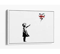 Banksy Balloon Union Jack Girl Red Canvas Floater Frame Print Picture Art - White Frame 30 inch wide x 20 inch high