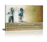 Banksy Canvas Prints Two Kids Boys Draw On Wall Graffiti Street Art Wall Picture Pop Art Paintings Art Print Modern Wall Pictures XXL Wall Decoration With Frame60x90cm(23.6x35.4inch))