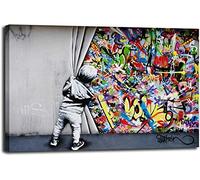 Banksy Canvas Wall Art Behind the Curtain Street Graffiti Art Canvas Prints for Living Room Bedroom Home Decorations Modern Stretched Framed Giclee Artwork 20x30cm(7.9x11.8inch)