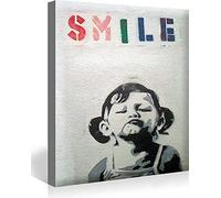 Banksy Canvas Wall Art Cute Smile Girl Street Graffiti Art Canvas Prints for Living Room Bedroom Home Decorations Modern Stretched Framed Giclee Artwork 30x40cm(11.8x15.7inch)