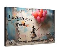 Banksy Canvas Wall Art for Living Room Abstract Little Girl with Pink Balloons Wall Pictures Love Beyond Words Inspirational Quotes Wall Art Graffiti Street Pop Art for Bedroom Home Decoration 30x40cm