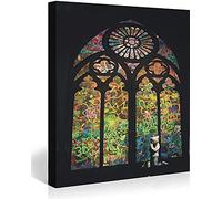 Banksy Canvas Wall Art Stained Glass Window Street Graffiti Art Canvas Prints for Living Room Bedroom Home Decorations Modern Stretched Framed Giclee Artwork 30x50cm(11.8x19.7inch)