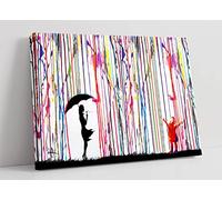 Banksy Coloured Rain Girl Umbrella 2 Canvas Wall Art Picture Print - 12 inch wide x 8 inch high (Frame Depth 30mm)