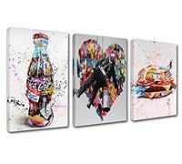 Banksy Decor Graffiti Street PicturesCola and Hamburger Paintings Romatic Heart-shaped Pop Artwork 3 Panels Canvas Artwork HD Prints Living Room Nordic House Decor Framed Ready to Hang (48''Wx 24''H)