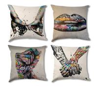 Banksy Decorative Graffiti Cushion Covers 45 x 45cm Funky Home Decor Aesthetic Velvet Throw Pillow Covers for Sofa Bed Living Room Abstract Pillowcase 4 Pieces Cushion Cases for Furniture Patio Decor