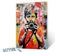 Banksy DIY Oil Painting Paint by Numbers Kits 16 x 20in A Boy Hold a Camera Street Pop Art Canvas Oil Painting Best Gift for Kids Students Adults Beginner with Brushes and Acrylic Pigment (Frameless)