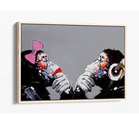 Banksy Dj Monkeys Thinking Black Grey Canvas Floater Frame Print Picture Art - Light Oak Frame 12 inch wide x 8 inch high