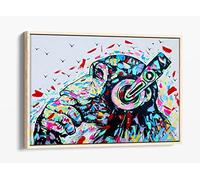 Banksy Dj Thinking Monkey Multi Canvas Floater Frame Print Picture Art - Light Oak Frame 36 inch wide x 24 inch high