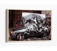 Banksy East Side Horses Canvas Floater Frame Print Picture Art - Light Oak Frame 18 inch wide x 12 inch high