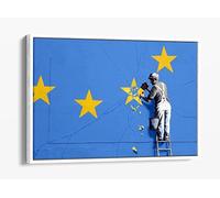 Banksy Europe Brexit Blue Yellow Canvas Floater Frame Print Picture Art - White Frame 18 inch wide x 12 inch high