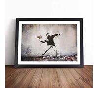 Banksy Flower Thrower Graffiti Wall Art | Framed Wall Art Print | Modern Home Decor Picture | Ready to Hang Artwork for Living Room, Bedroom, Kitchen or Office | Multiple Sizes