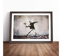Banksy Flower Thrower Graffiti Wall Art | Framed Wall Art Print | Modern Home Decor Picture | Ready to Hang Artwork for Living Room, Bedroom, Kitchen or Office | Multiple Sizes