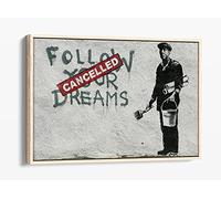 Banksy - Follow Your Dreams Cancelled Graffiti Canvas Floater Frame Print Picture Art - Light Oak Frame 24 inch wide x 16 inch high