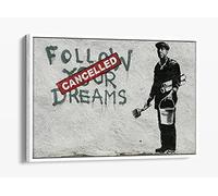 Banksy - Follow Your Dreams Cancelled Graffiti Canvas Floater Frame Print Picture Art - White Frame 30 inch wide x 20 inch high