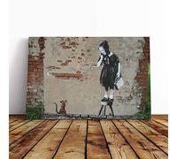 Banksy Girl and Rat Graffiti Wall Art Canvas Print | Gallery Wrapped 30mm Frame Wall Decor | 24x16 inches | Ready to Hang | Pop Art People Picture | Living Room Bedroom Lounge Office